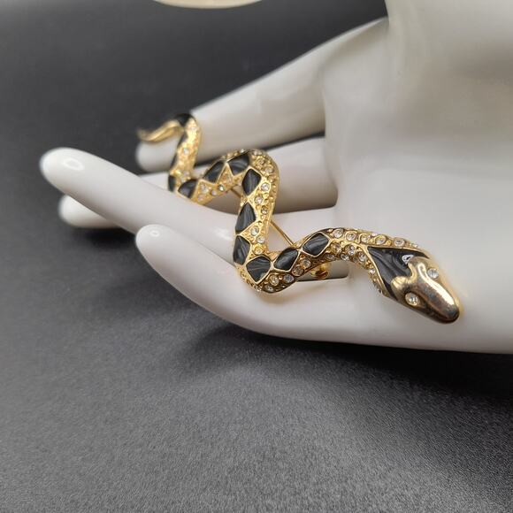 Vintage Snake Brooch, Black Enamel, Clear Rhinestones, 80s Jewelry - Picture 3 of 11